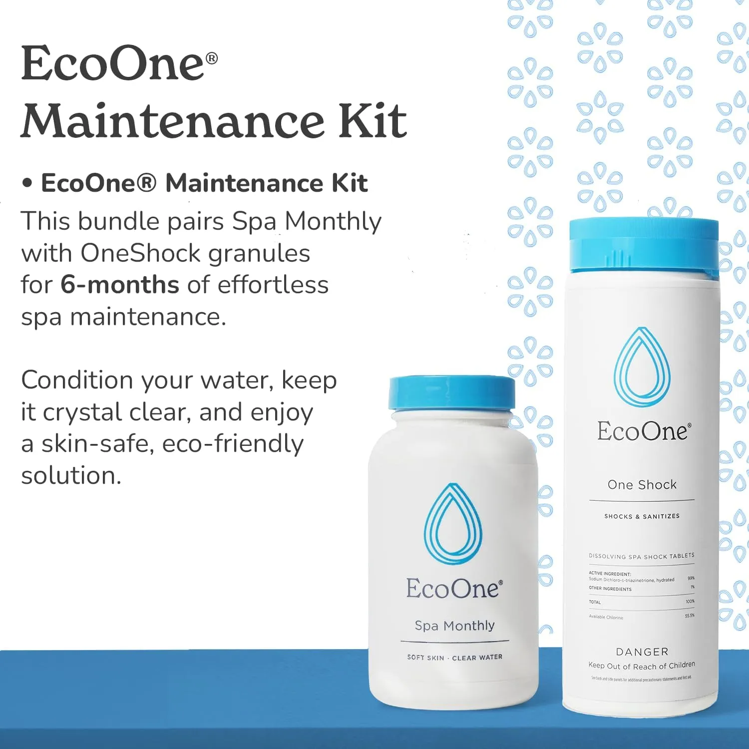 EcoOne | Hot Tub Chemical Maintenance & Supply Kit | Spa Shock & Conditioner Kit | Contains Oneshock Chlorine Granular & SPA Monthly Conditioner | 6 Month Supply