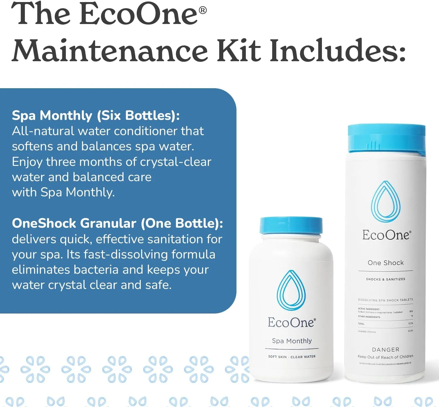 EcoOne | Hot Tub Chemical Maintenance & Supply Kit | Spa Shock & Conditioner Kit | Contains Oneshock Chlorine Granular & SPA Monthly Conditioner | 6 Month Supply