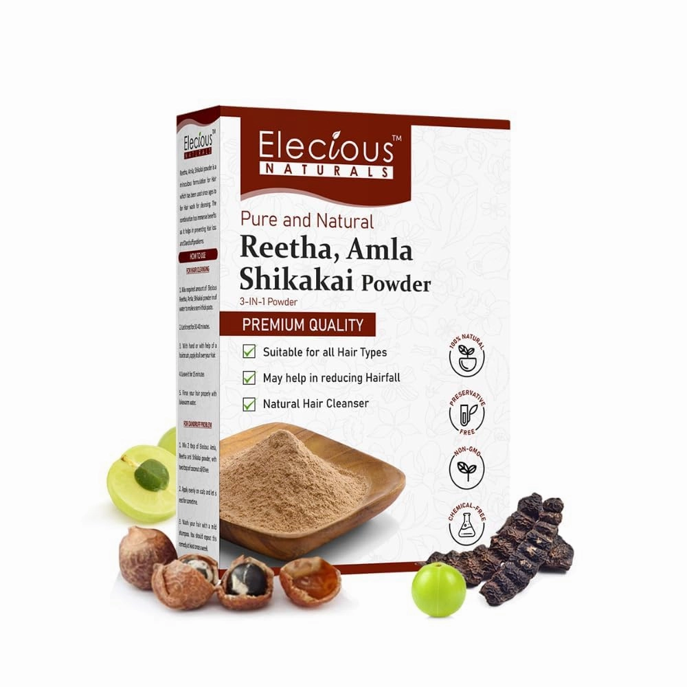 Elecious-Pure Amla, Reetha, Shikakai Powder for Hair | Natural Hair Cleanser | 100% Natural, No Chemical or Preservative | SLS, Paraben-Free | Prevents Hairfall & Dandruff, Boost Hair growth