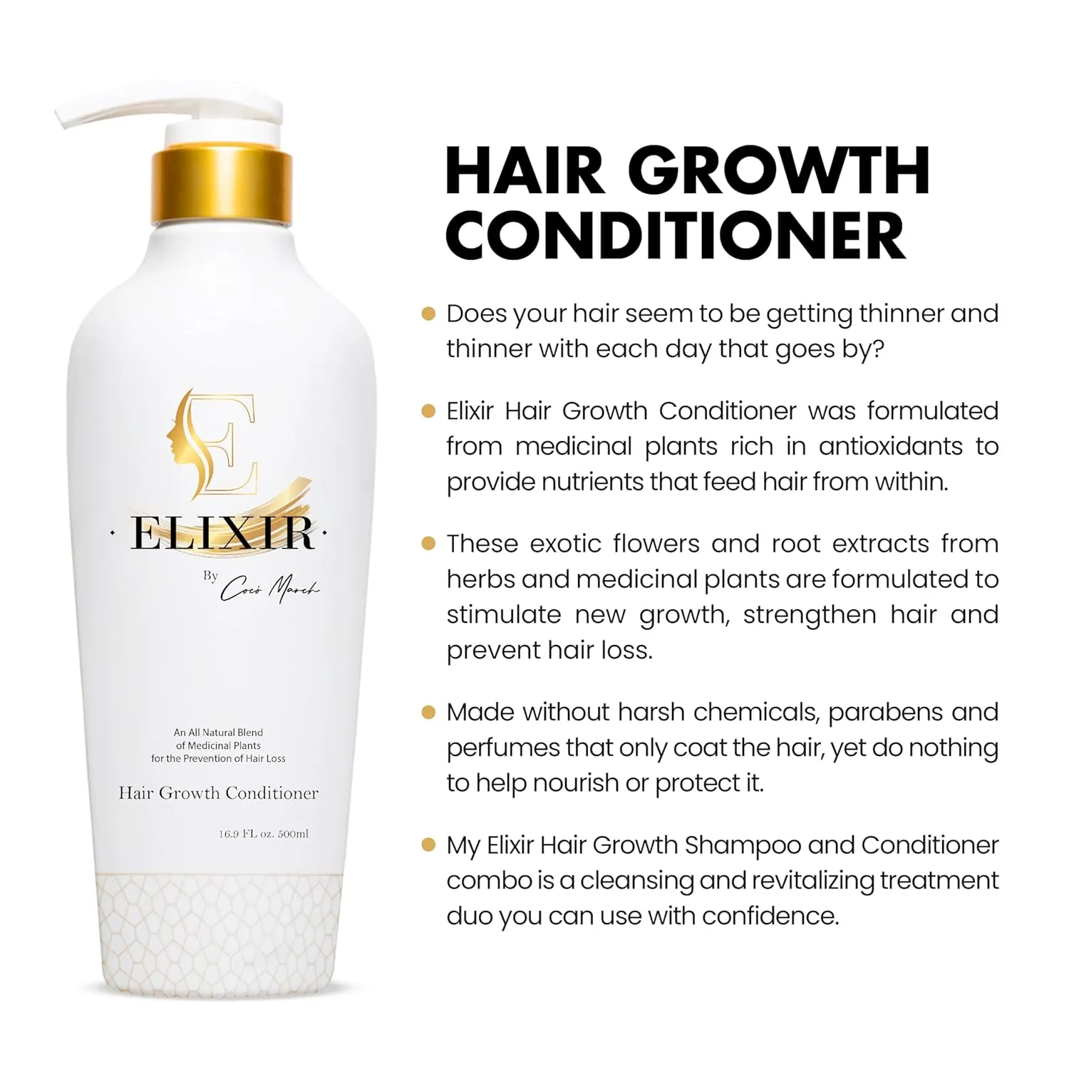 Elixir by Coco March Hair Growth Plant Based Conditioner - Natural Formula, No Harmful Chemicals, No Parabens for Strengthening Hair & Increased Volume - 16.9 fl oz 500 ml