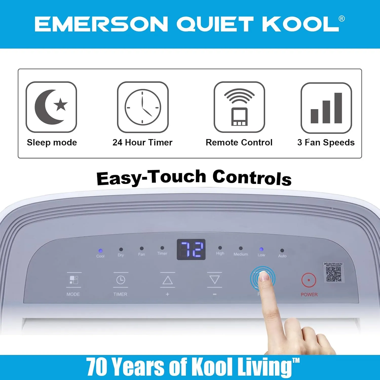 Emerson Quiet Kool 14,000 BTU Portable Air Conditioner with Dehumidifier for Living Rooms, 115V, Quiet Portable AC for Rooms up to 550 Sq. Ft. with 3 Speeds, Remote Control, and 24-Hour Timer, White