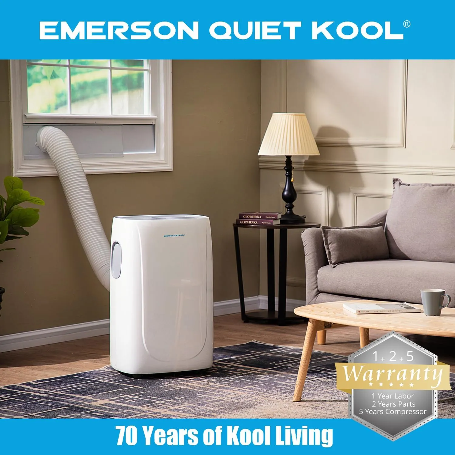 Emerson Quiet Kool 14,000 BTU Portable Air Conditioner with Dehumidifier for Living Rooms, 115V, Quiet Portable AC for Rooms up to 550 Sq. Ft. with 3 Speeds, Remote Control, and 24-Hour Timer, White