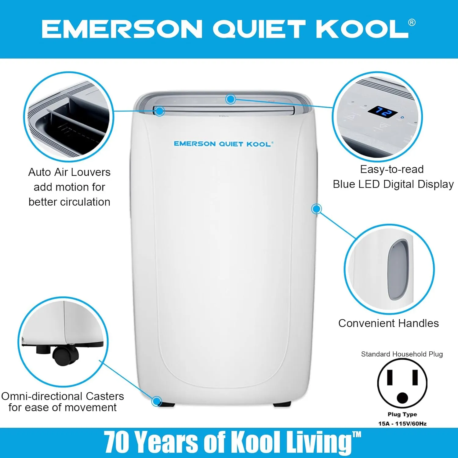 Emerson Quiet Kool 14,000 BTU Portable Air Conditioner with Dehumidifier for Living Rooms, 115V, Quiet Portable AC for Rooms up to 550 Sq. Ft. with 3 Speeds, Remote Control, and 24-Hour Timer, White