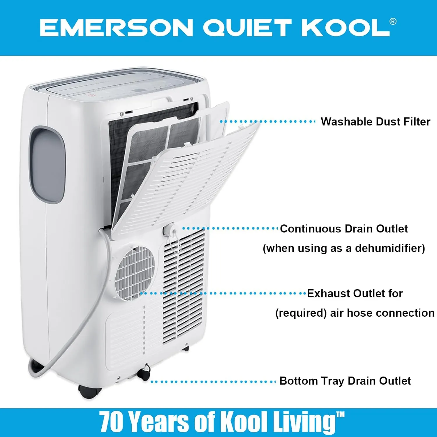 Emerson Quiet Kool 14,000 BTU Portable Air Conditioner with Dehumidifier for Living Rooms, 115V, Quiet Portable AC for Rooms up to 550 Sq. Ft. with 3 Speeds, Remote Control, and 24-Hour Timer, White