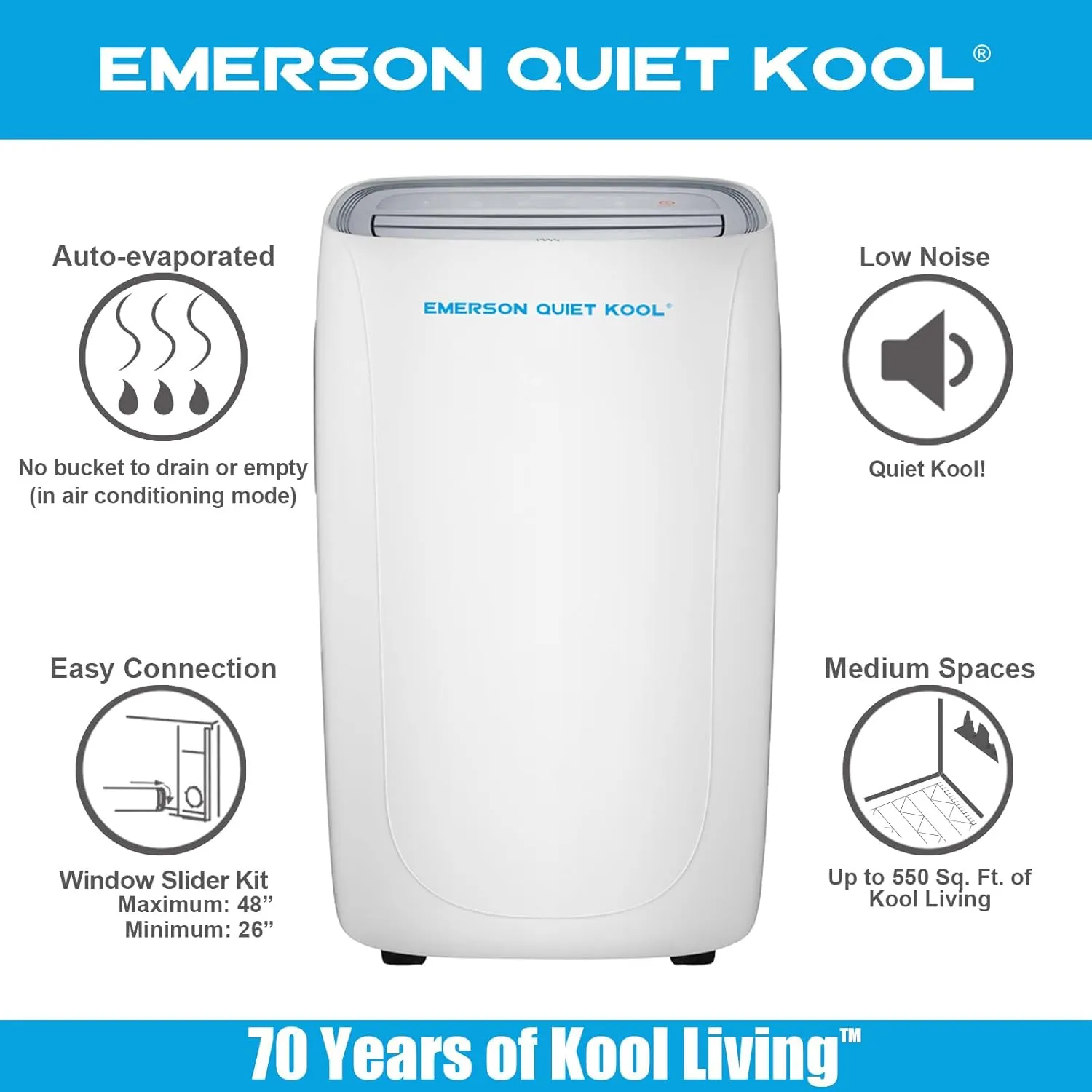 Emerson Quiet Kool 14,000 BTU Portable Air Conditioner with Dehumidifier for Living Rooms, 115V, Quiet Portable AC for Rooms up to 550 Sq. Ft. with 3 Speeds, Remote Control, and 24-Hour Timer, White