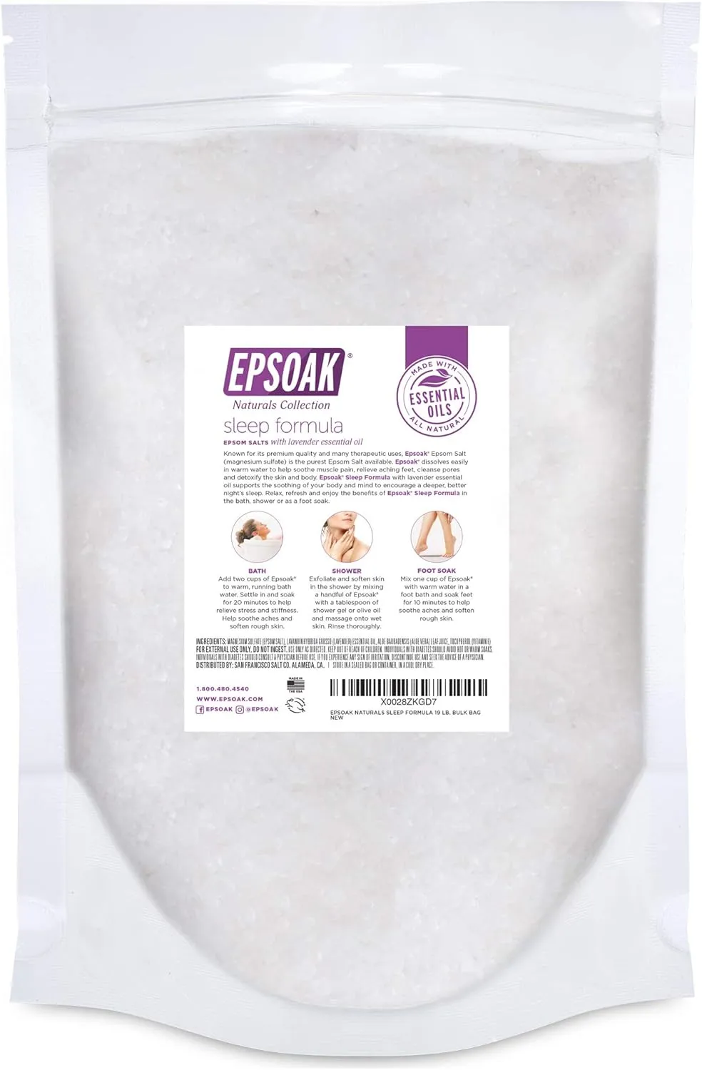 Epsoak Epsom Salt 19 lb. Magnesium Sulfate USP. (Qty. 1 x 19lb. Bag), Lavender Sleep Formula, Resealable Epsom Salt Bag, Made in The USA, Cruelty-Free Certified