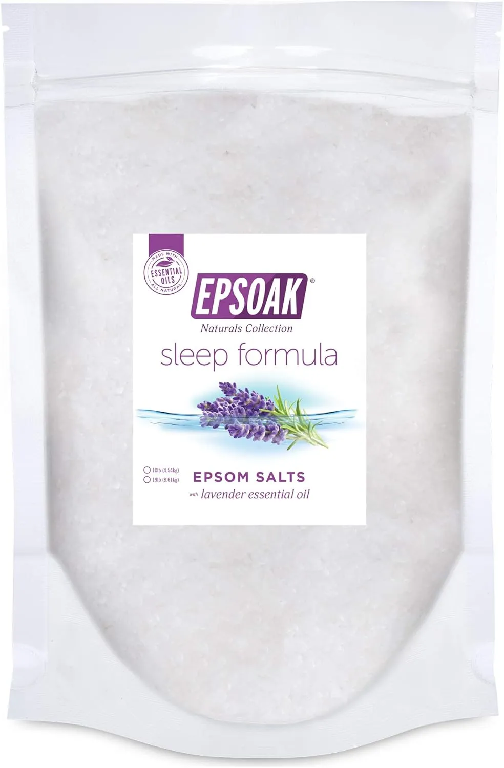 Epsoak Epsom Salt 19 lb. Magnesium Sulfate USP. (Qty. 1 x 19lb. Bag), Lavender Sleep Formula, Resealable Epsom Salt Bag, Made in The USA, Cruelty-Free Certified