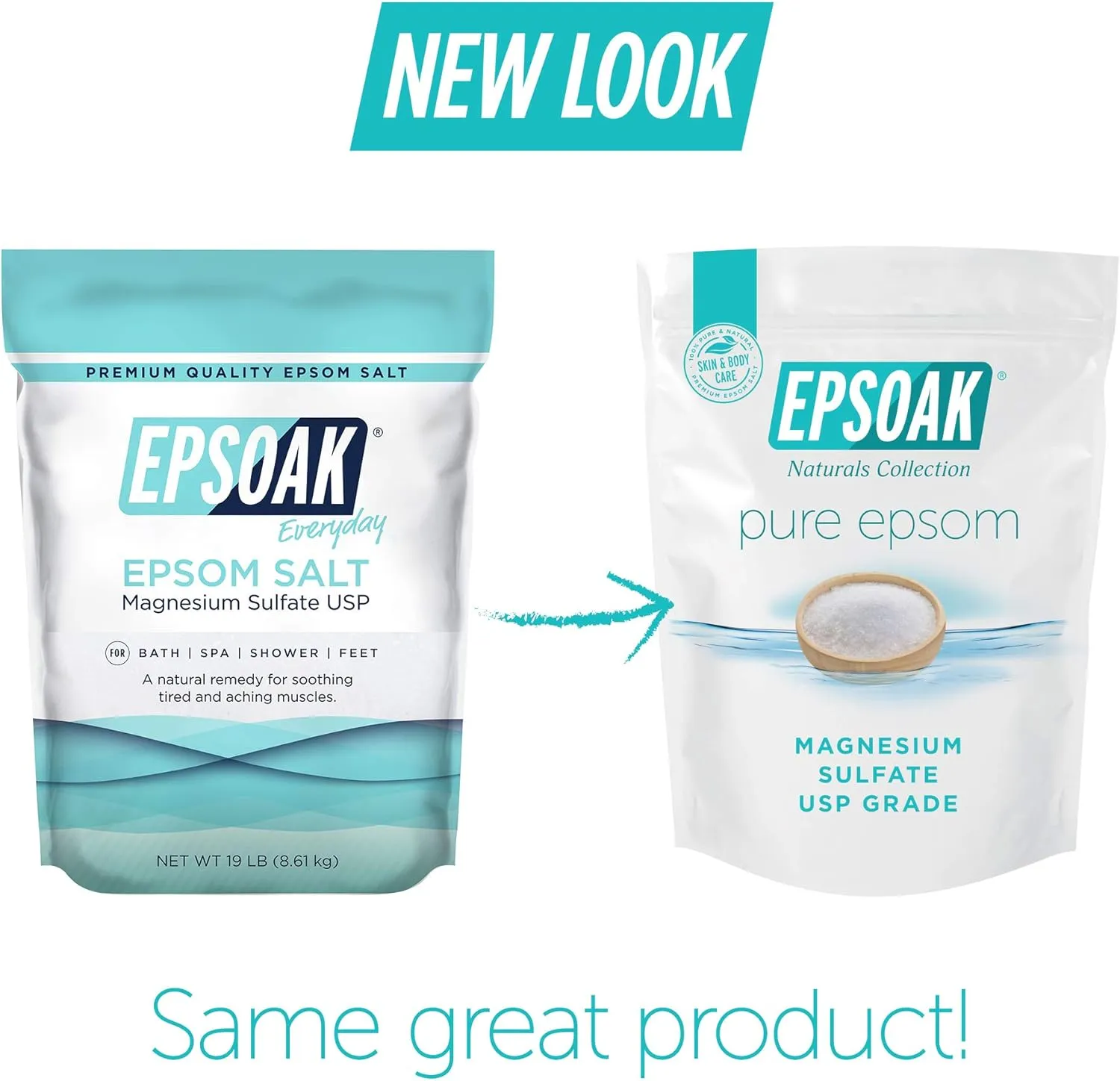 Epsoak Epsom Salt 38 lb. Magnesium Sulfate USP. (Qty. 2 x 19lb. Bags) Resealable Epsom Salt Bulk Bags Unscented, Made in The USA, Cruelty-Free Certified