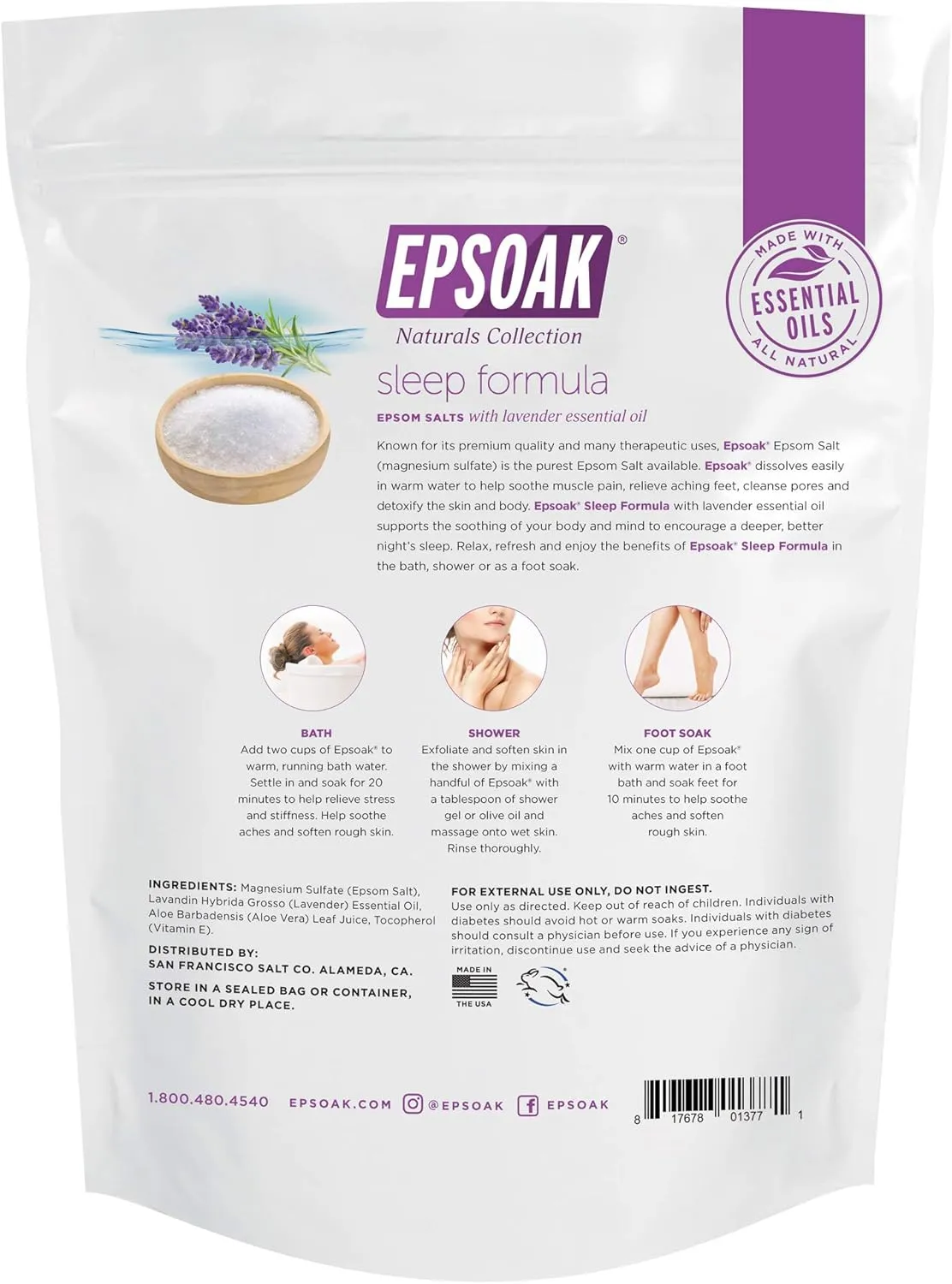 Epsoak Epsom Salt 6 lb. Magnesium Sulfate USP. (Qty. 3 x 2lb. Bag), Lavender Sleep Formula, Resealable Epsom Salt Bag, Made in The USA, Cruelty-Free Certified