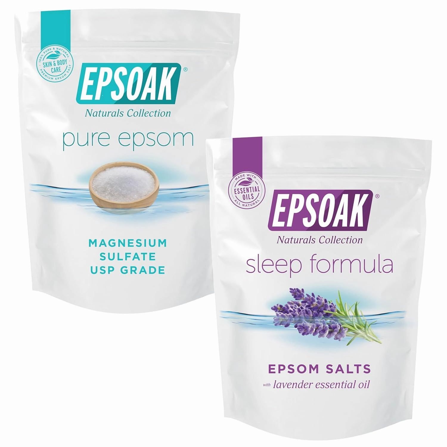 Epsoak Pure Epsom Salt (2 lb)   Sleep Formula Lavender Bath Salt (2 lb) Bundle, Non-GMO Magnesium Sulfate, USP-Grade Epsom Salt Bath Soak for Muscle Pain, Foot Spa, Skin Care & Restful Sleep