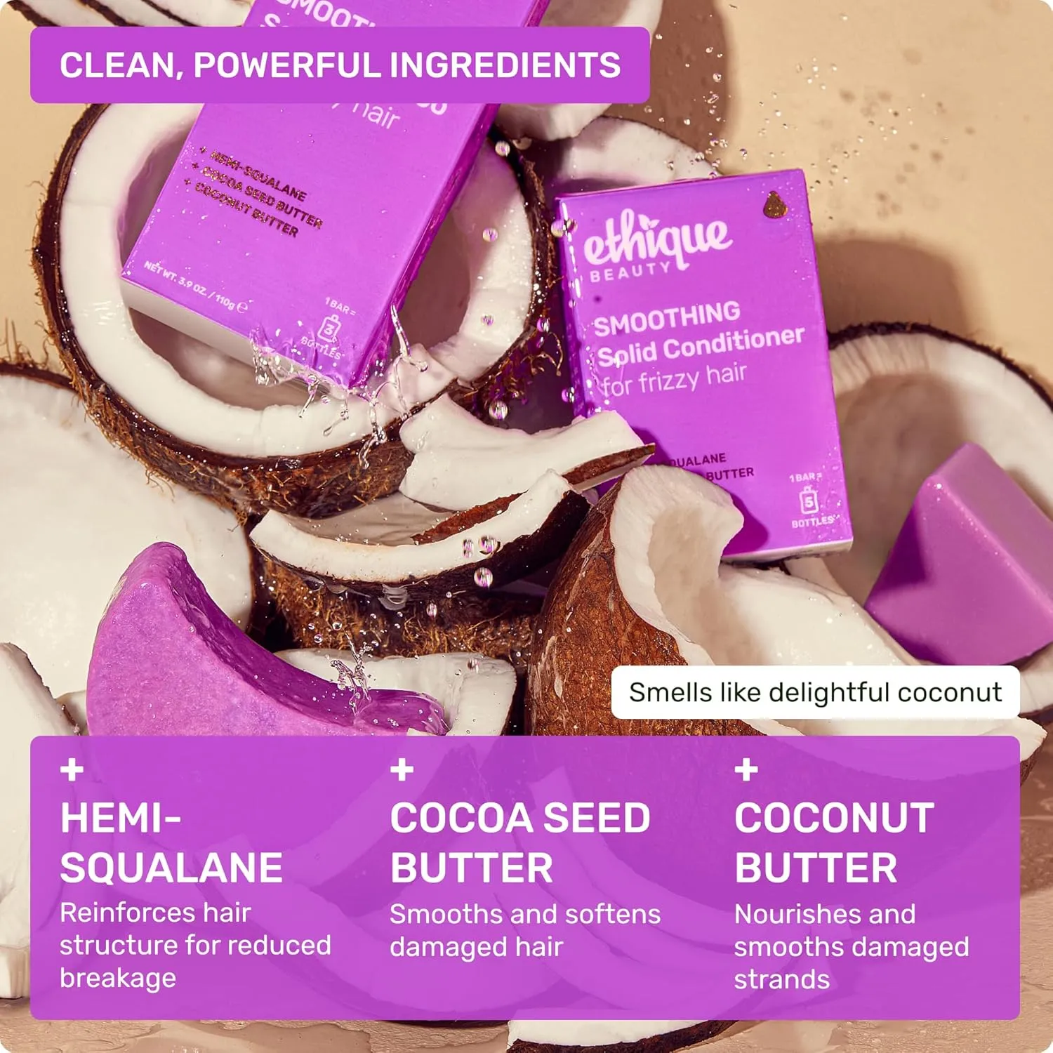 Ethique Smoothing Shampoo Bar for frizzy hair with Coconut Butter - Plastic-Free, Cruelty-Free, Vegan, 3.88 oz - Formerly Frizz Wrangler