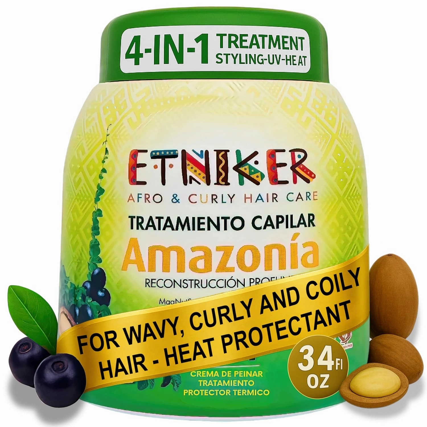 Etniker Amazonia 4-in-1 Curly Hair Treatment | Deep Conditioning Mask with Cacay & Acai | Repairs Damaged Hair | Heat protectant | 33 Oz