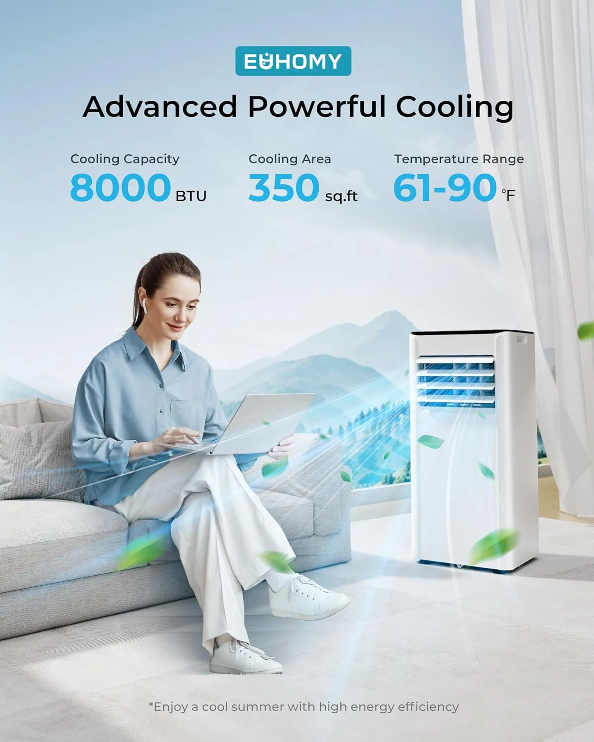 EUHOMY 8,000 BTU Portable Air Conditioners, 4-in-1 Portable AC Unit Up to 350 Sq.Ft, 4 Modes Quiet Air Conditioner with Remote Control, Cool, Fan, Dehumidifier，24H Timer, Bedroom, Office, Apartments