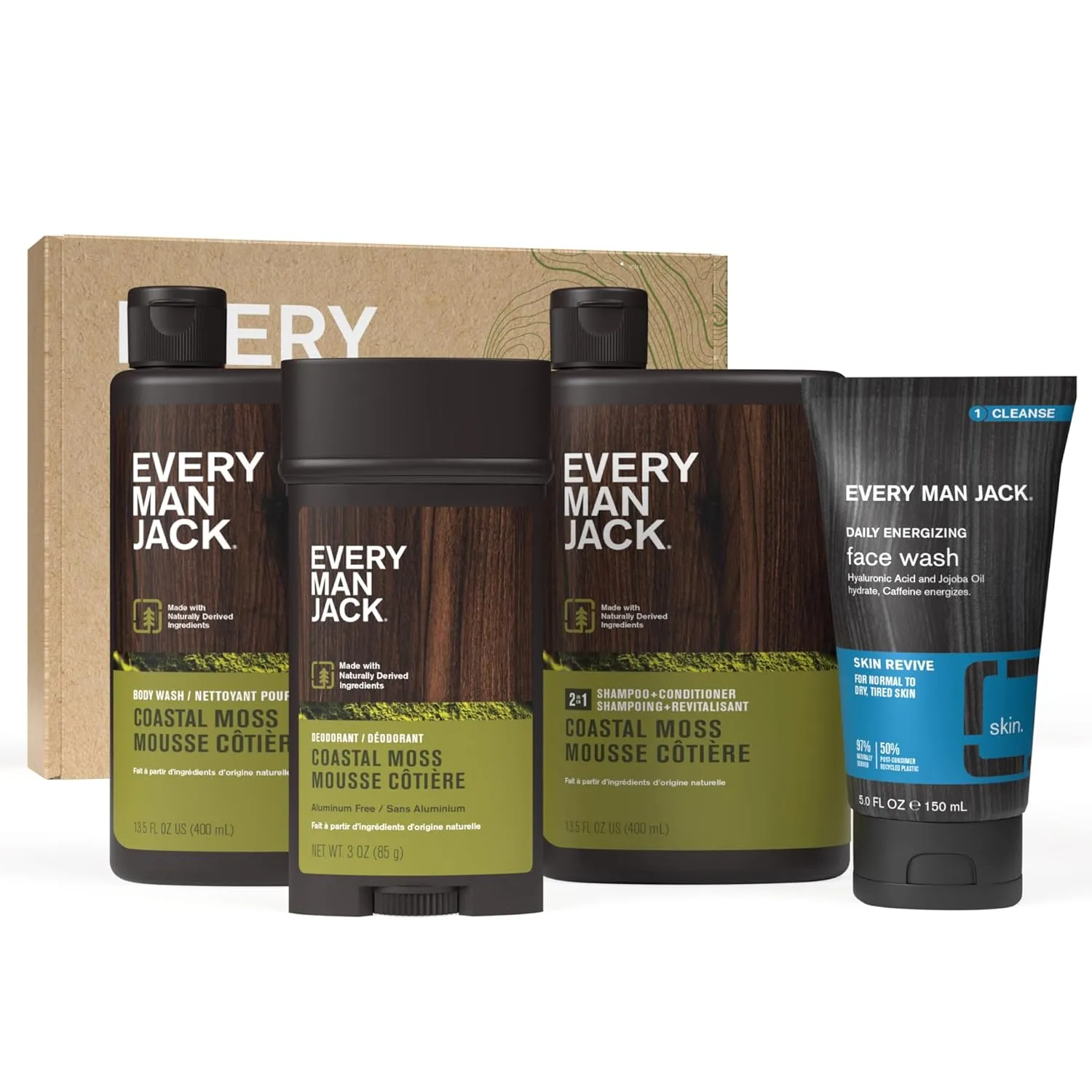 Every Man Jack Men’s Coastal Moss Bath and Body Gift Set with Clean Ingredients & Vetiver and Spicy Citrus Scent - Round Out His Routine with Body Wash, 2-in-1 Shampoo, Deodorant & Face Wash