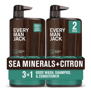 Every Man Jack Sea Minerals   Citron Hydrating Mens 3-in-1 All Over Wash for All Skin and Hair Types - Body Wash, Shampoo and Conditioner with Naturally Derived Ingredients - 28.8oz (2 Pack)
