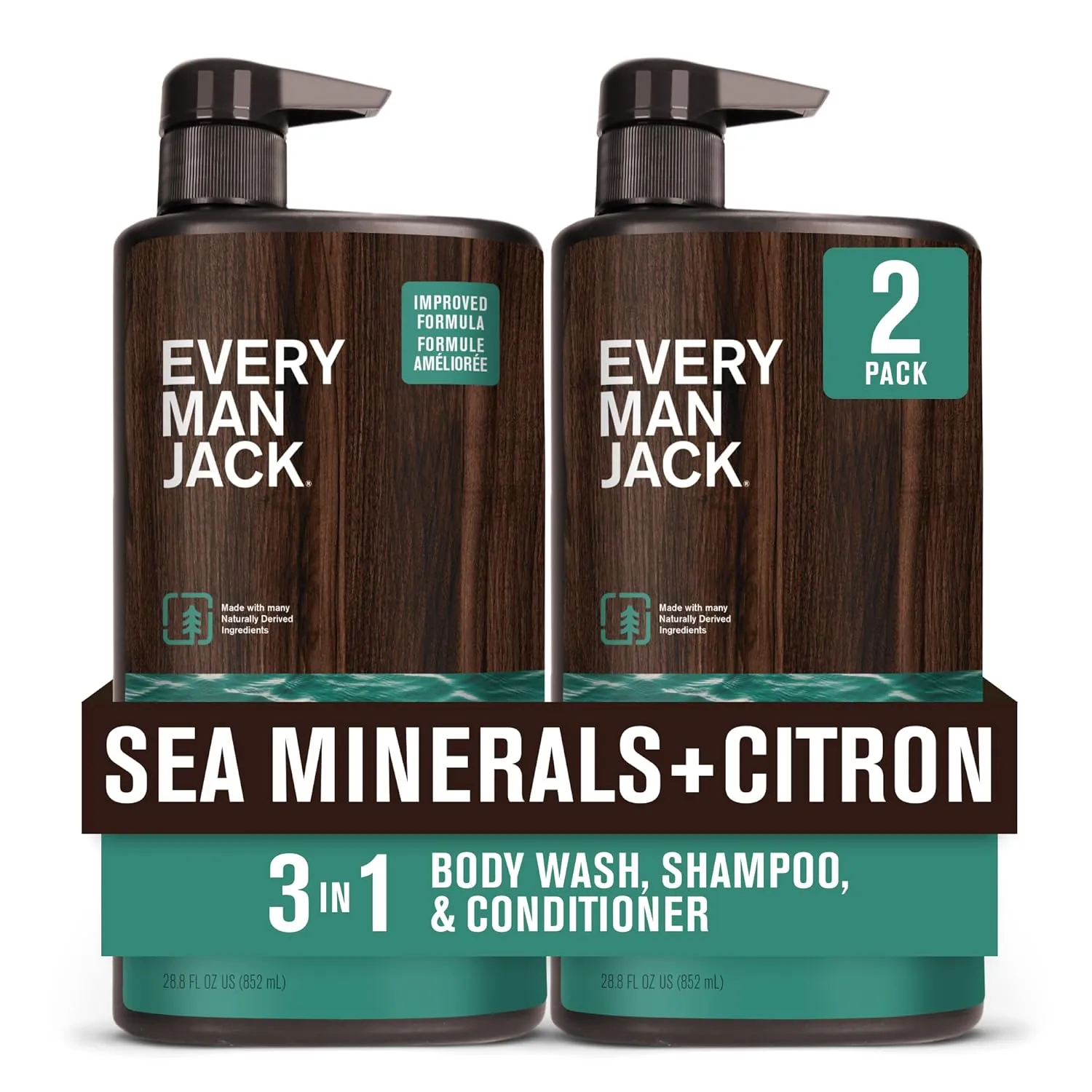 Every Man Jack Sea Minerals   Citron Hydrating Mens 3-in-1 All Over Wash for All Skin and Hair Types - Body Wash, Shampoo and Conditioner with Naturally Derived Ingredients - 28.8oz (2 Pack)