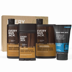 Every Man Jack Men’s Amber   Sandalwood Bath and Body Gift Set - Clean Ingredients & Sandalwood, Amber, and Vetiver scent - Round Out His Routine with Body Wash, 2-in-1 Shampoo, Deodorant & Face Wash