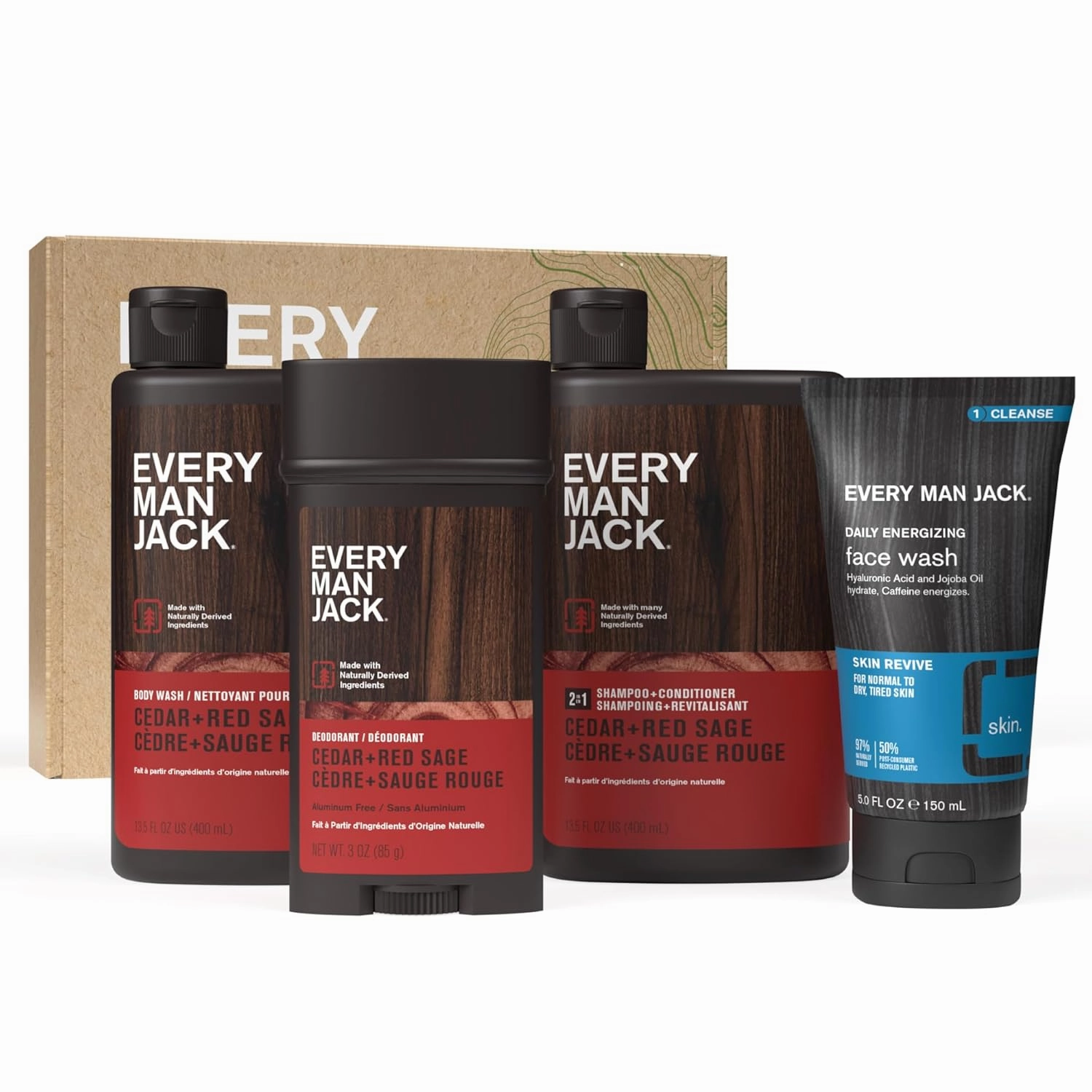 Every Man Jack Men’s Cedar   Red Sage Bath and Body Gift Set - Clean Ingredients & Cedar, Sage, and Spice Ccent - Round Out His Routine with Men’s Body Wash, 2-in-1 Shampoo, Deodorant & Face Wash