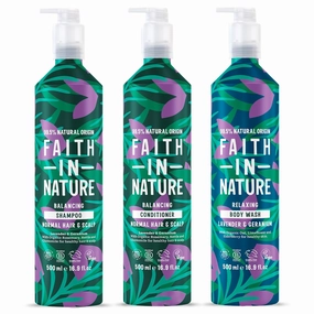 FAITH IN NATURE Natural Shampoo, Conditioner & Body Wash Set Aluminium Bottles - Vegan & Cruelty Free, No SLS or Parabens - 3 x 16.9 fl oz, Lavender & Geranium