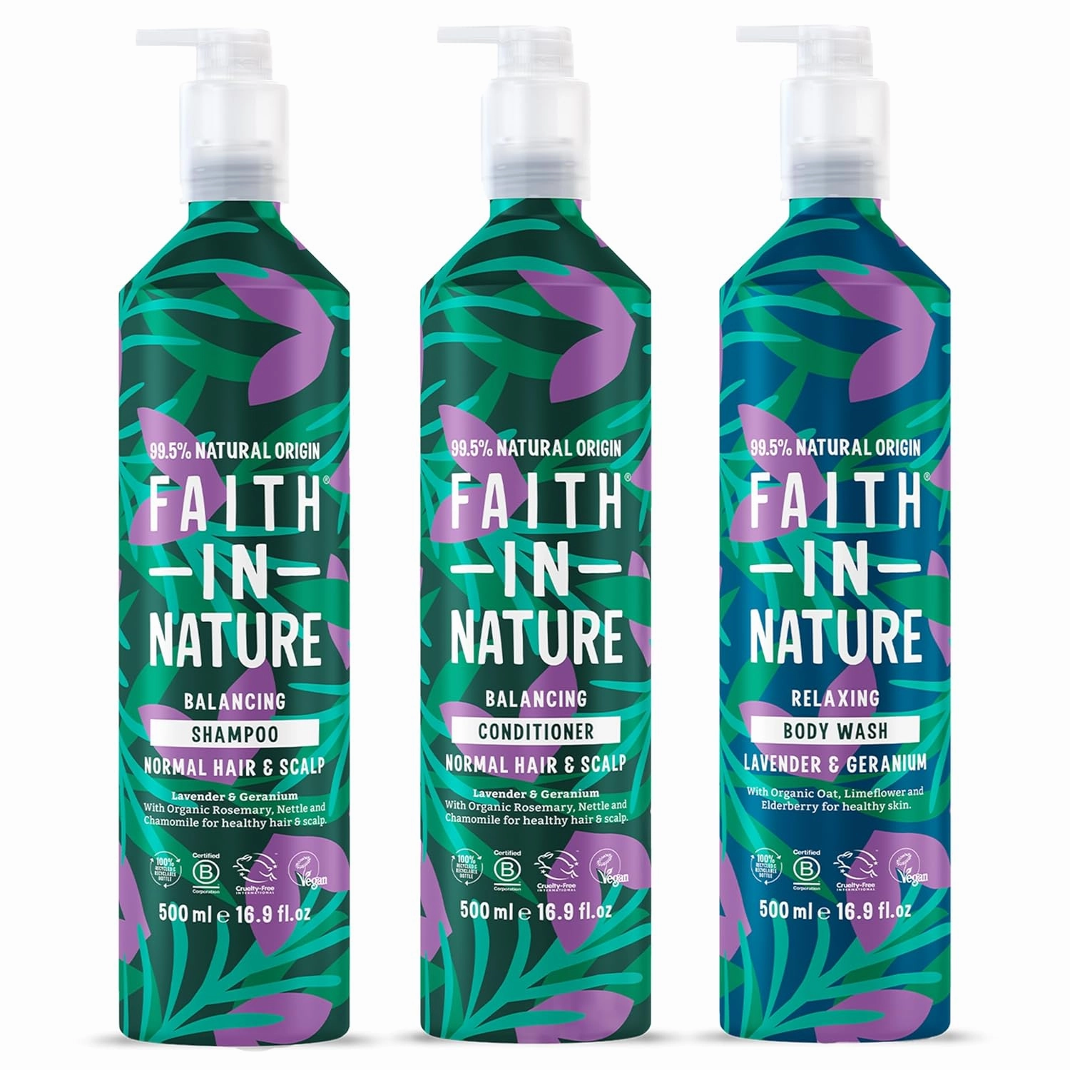 FAITH IN NATURE Natural Shampoo, Conditioner & Body Wash Set Aluminium Bottles - Vegan & Cruelty Free, No SLS or Parabens - 3 x 16.9 fl oz, Lavender & Geranium