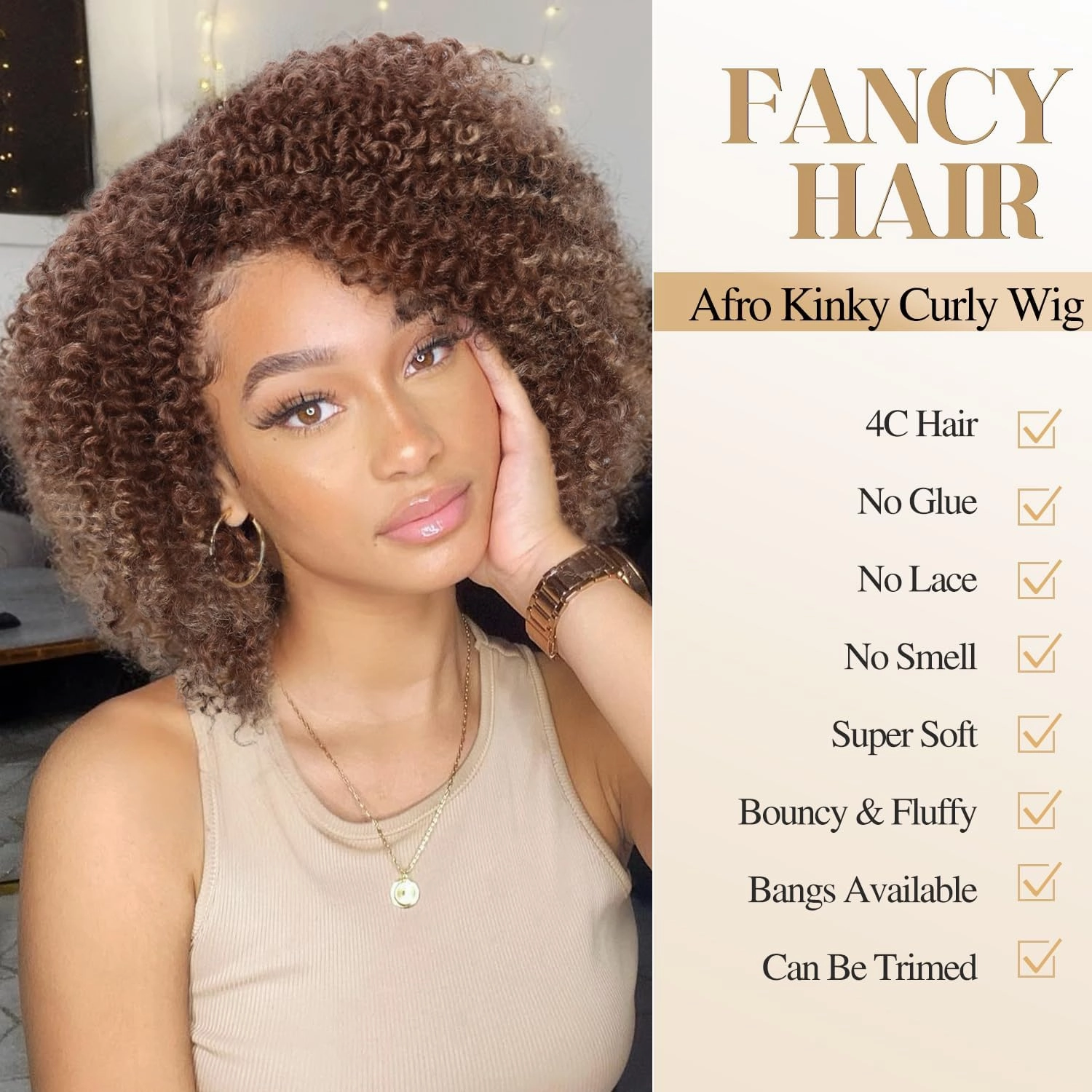 Fancy Hair Short Kinky Curly Wigs Brown Side Part Afro Wigs for Black Women Synthetic Yanky Twist Out Wig Natural Hairstyle for Daily Use (T30/27#)