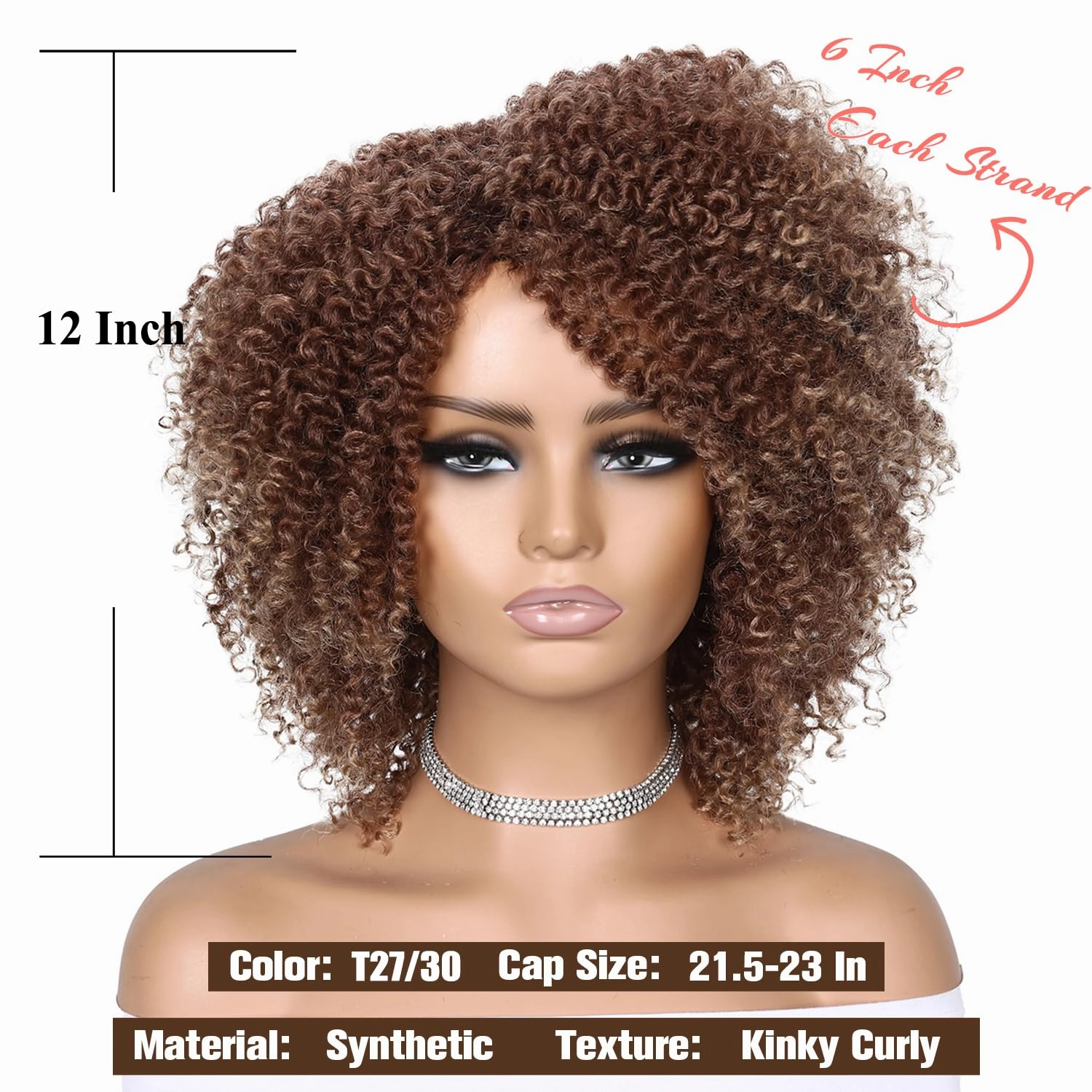 Fancy Hair Short Kinky Curly Wigs Brown Side Part Afro Wigs for Black Women Synthetic Yanky Twist Out Wig Natural Hairstyle for Daily Use (T30/27#)