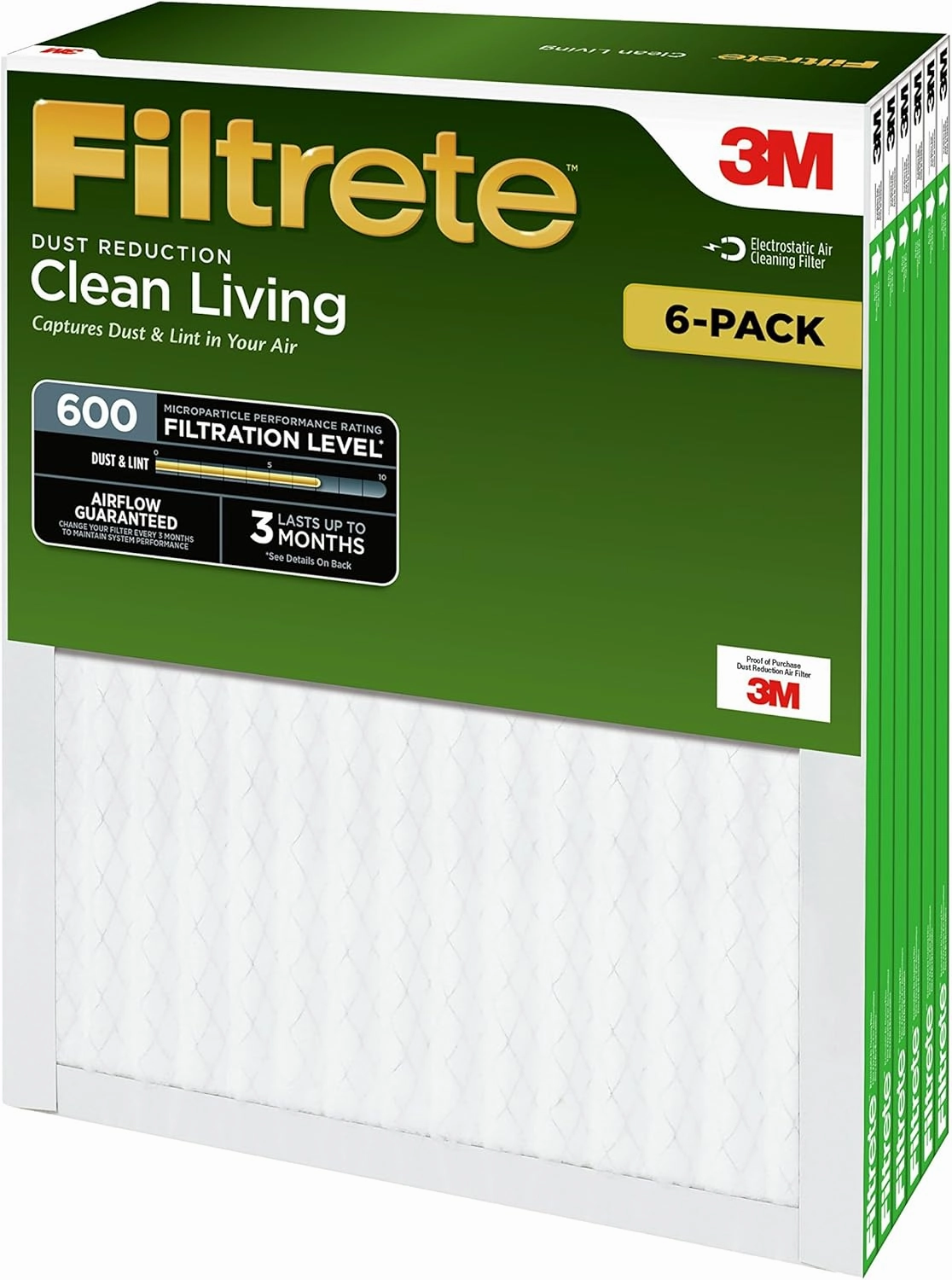 Filtrete 14x20x1 Air Filter, MPR 600, MERV 7, Clean Living Dust Reduction 3-Month Pleated 1-Inch Air Filters, 6 Filters