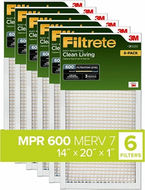 Filtrete 14x20x1 Air Filter, MPR 600, MERV 7, Clean Living Dust Reduction 3-Month Pleated 1-Inch Air Filters, 6 Filters