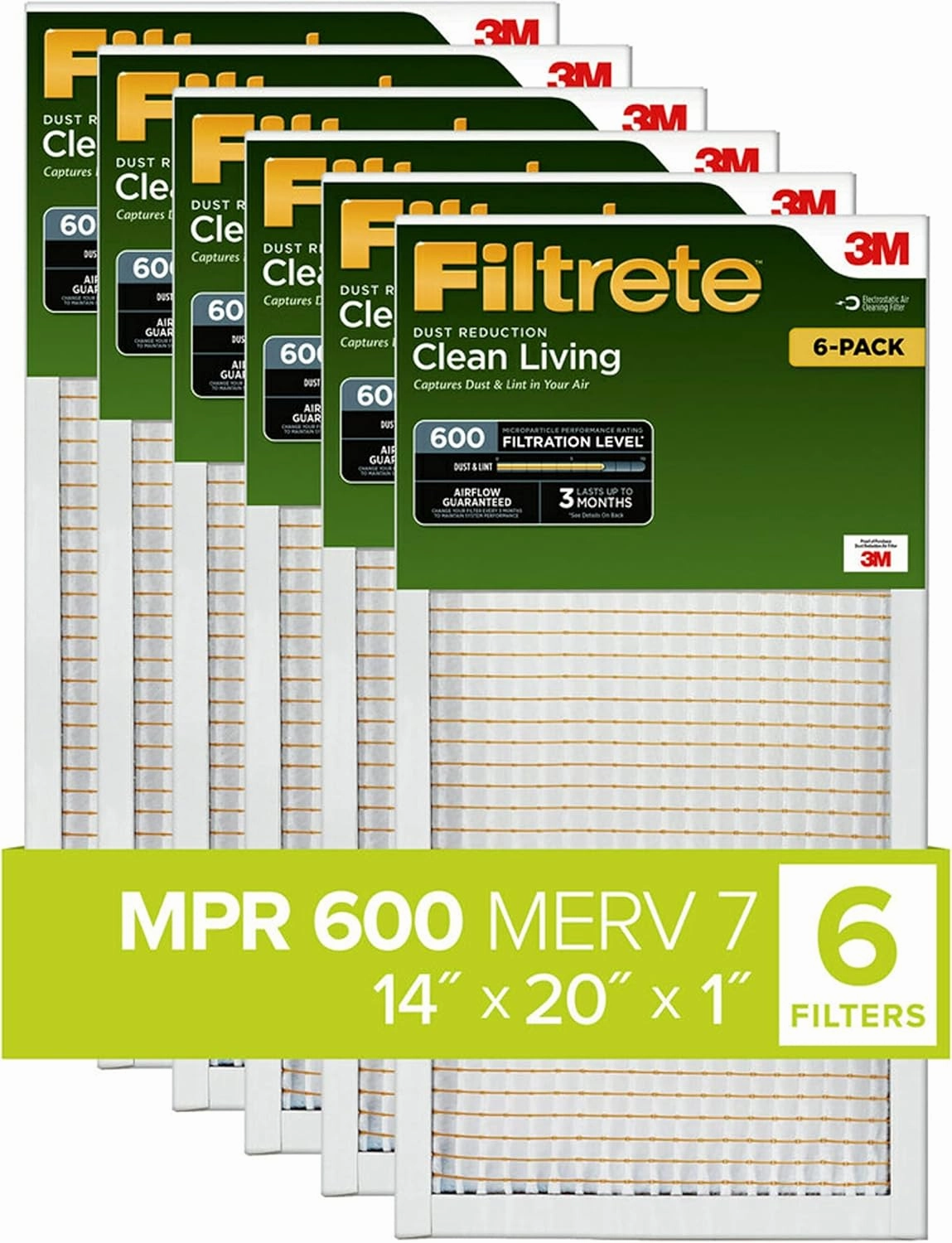 Filtrete 14x20x1 Air Filter, MPR 600, MERV 7, Clean Living Dust Reduction 3-Month Pleated 1-Inch Air Filters, 6 Filters