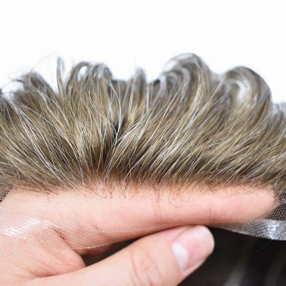 Fine Mono Toupee For Men Real Human Hair Replacement System For Men Lace Front Mens Toupee Hair Pieces For Mens Hair System Bleached Knot 6X8-120% density #1710 Dark Ash Blonde 10% Grey