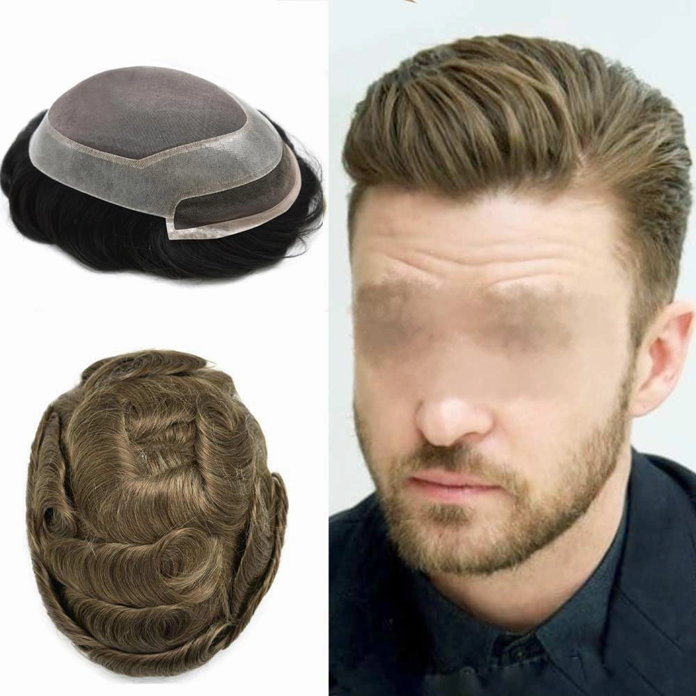Fine Mono Toupee For Men Real Human Hair Replacement System For Men Lace Front Mens Toupee Hair Pieces For Mens Hair System Bleached Knot 6X8-120% density #1710 Dark Ash Blonde 10% Grey