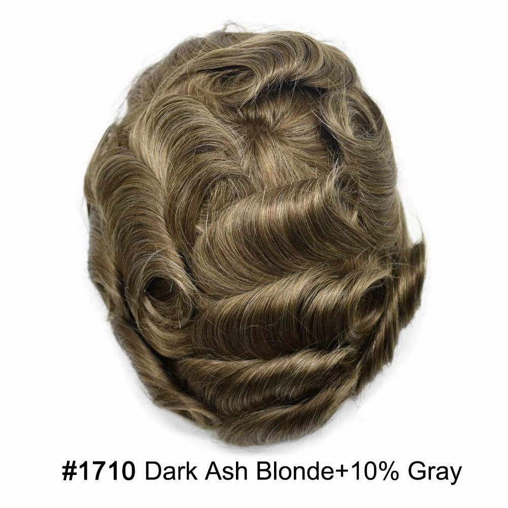 Fine Mono Toupee For Men Real Human Hair Replacement System For Men Lace Front Mens Toupee Hair Pieces For Mens Hair System Bleached Knot 6X8-120% density #1710 Dark Ash Blonde 10% Grey