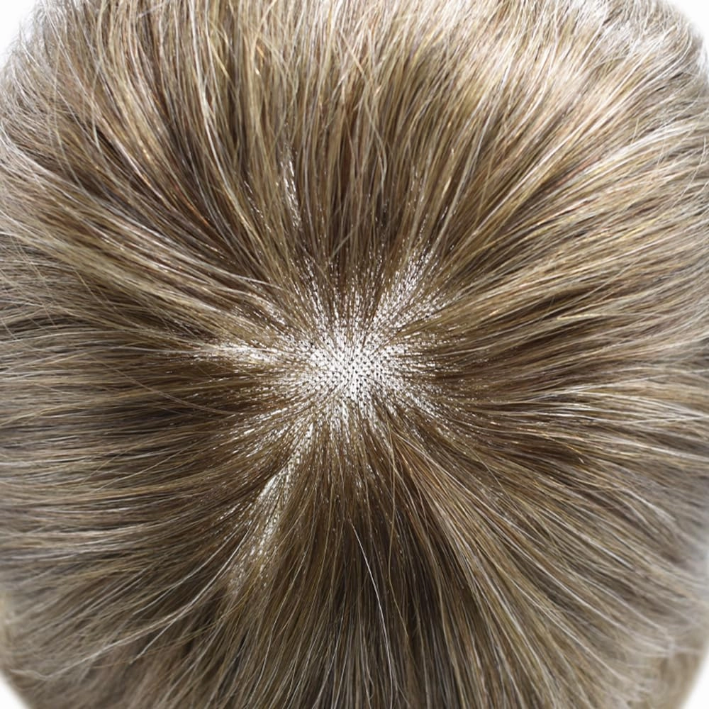 Fine Mono Toupee For Men Real Human Hair Replacement System For Men Lace Front Mens Toupee Hair Pieces For Mens Hair System Bleached Knot 6X8-120% density #1710 Dark Ash Blonde 10% Grey