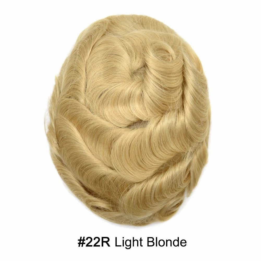 Fine Mono Toupee For Men Real Human Hair Replacement System For Men Swiss Lace Front Mens Toupee Hair Pieces For Mens Hair System Bleached Knot 6X8-120% density#22R Light Blonde