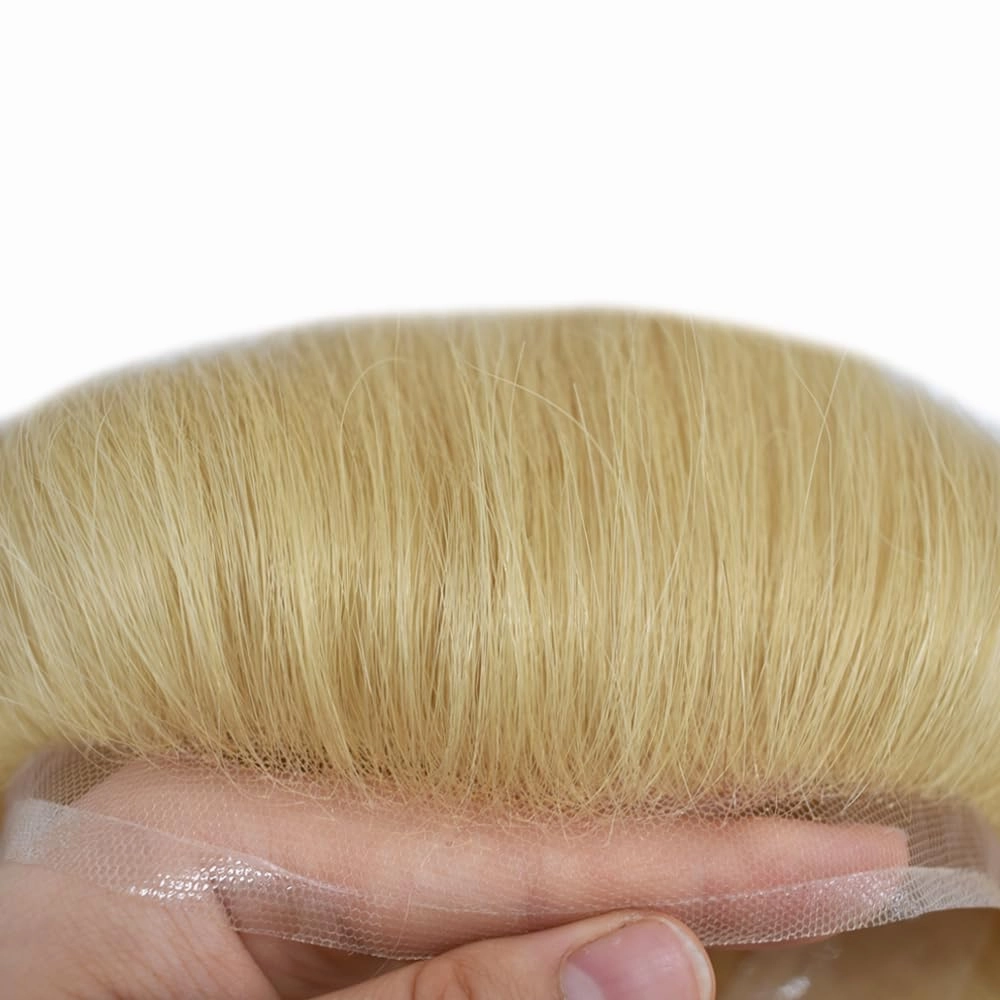 Fine Mono Toupee For Men Real Human Hair Replacement System For Men Swiss Lace Front Mens Toupee Hair Pieces For Mens Hair System Bleached Knot 6X8-120% density#22R Light Blonde