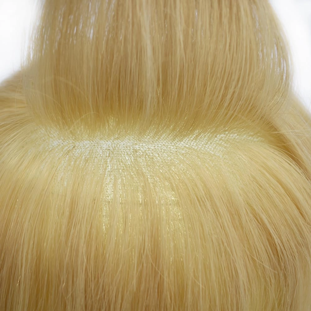 Fine Mono Toupee For Men Real Human Hair Replacement System For Men Swiss Lace Front Mens Toupee Hair Pieces For Mens Hair System Bleached Knot 6X8-120% density#22R Light Blonde