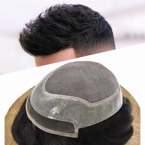 Fine Mono Toupee For Men Real Human Hair Replacement System For Men Swiss Lace Front Mens Toupee Hair Pieces For Mens Hair System Bleached Knot 7X10#2 Darkest Brown 120% Density