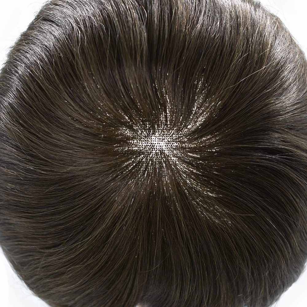 Fine Mono Toupee For Men Real Human Hair Replacement System For Men Swiss Lace Front Mens Toupee Hair Pieces For Mens Hair System Bleached Knot 7X10#2 Darkest Brown 120% Density