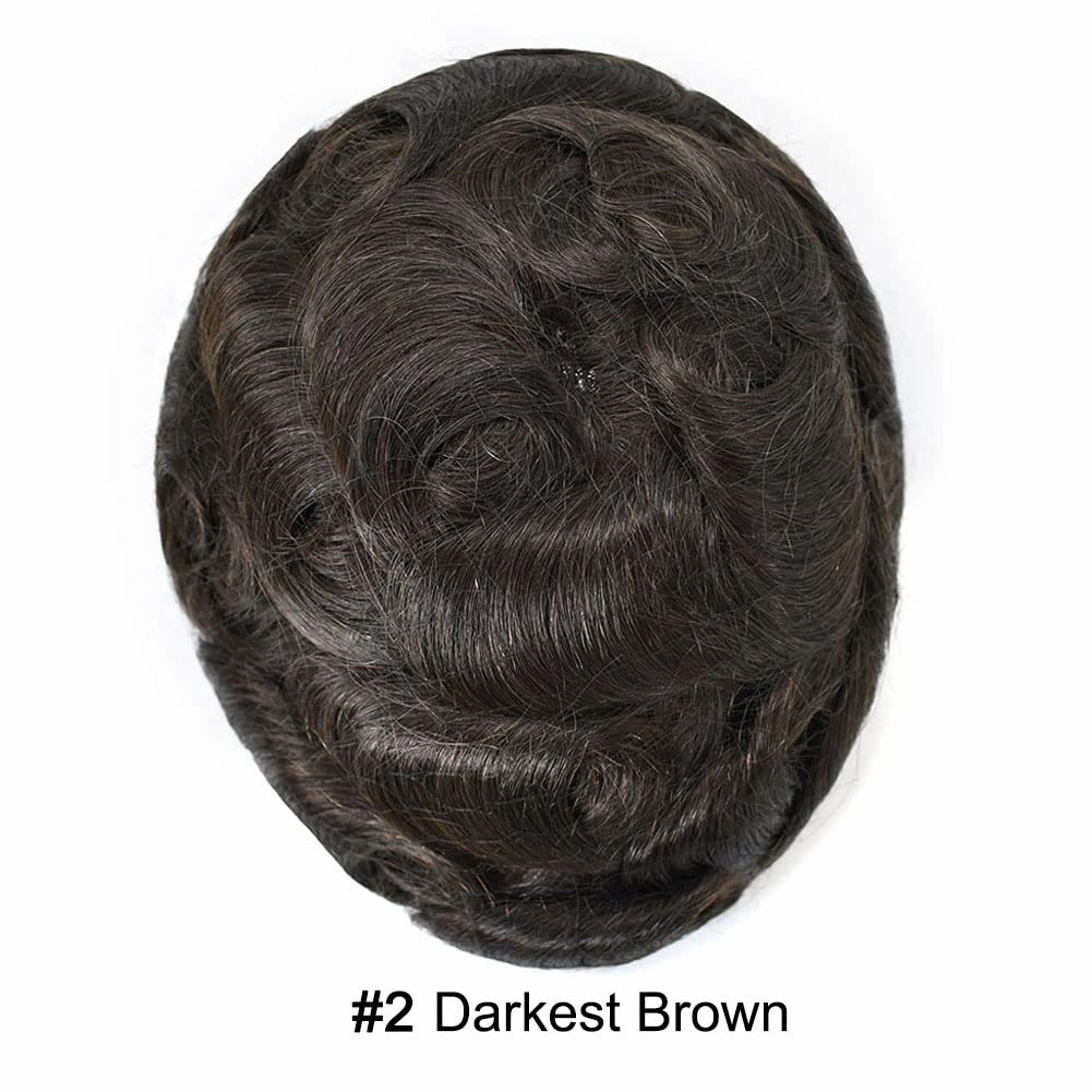 Fine Mono Toupee For Men Real Human Hair Replacement System For Men Swiss Lace Front Mens Toupee Hair Pieces For Mens Hair System Bleached Knot 7X10#2 Darkest Brown 120% Density
