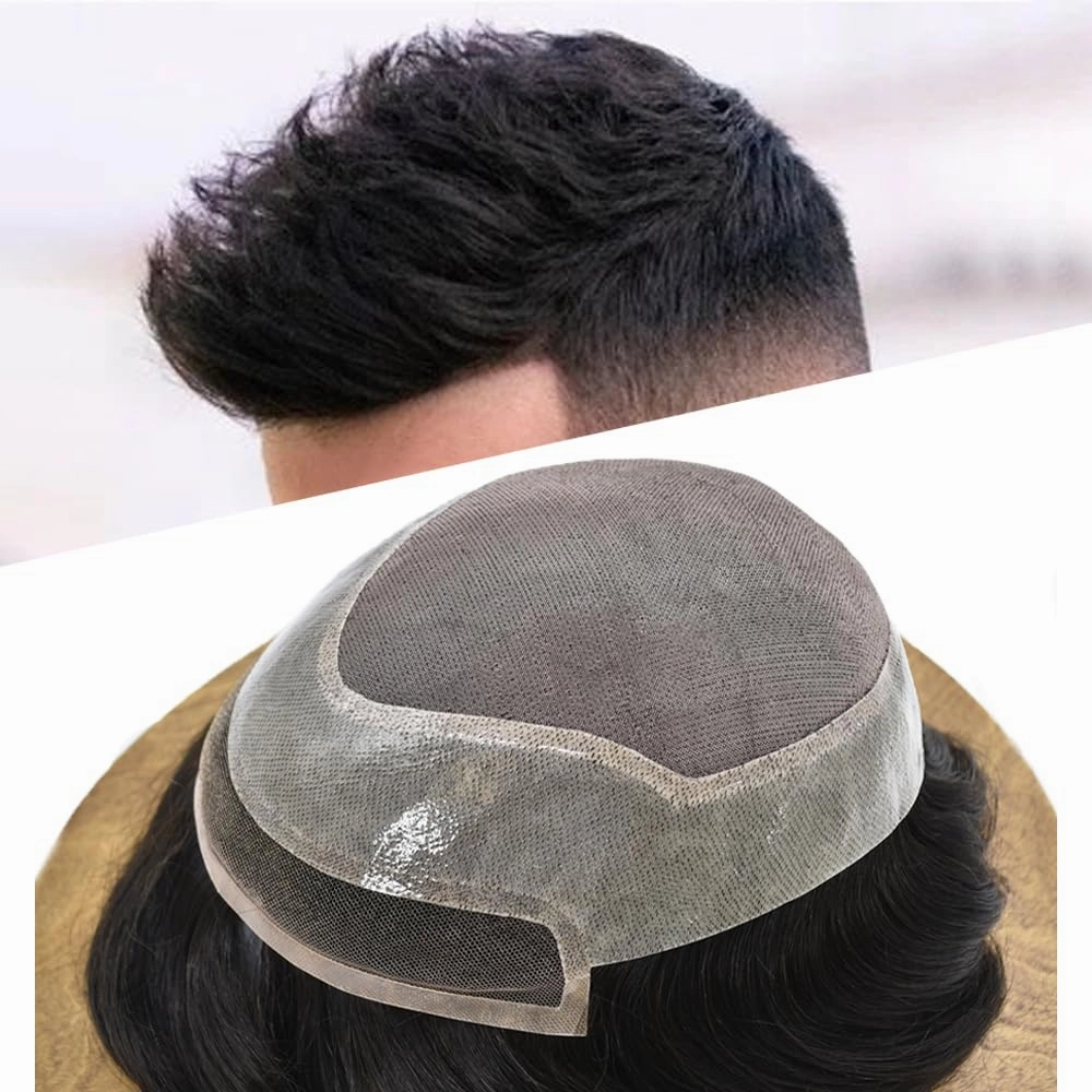 Fine Mono Toupee For Men Real Human Hair Replacement System For Men Swiss Lace Front Mens Toupee Hair Pieces For Mens Hair System Bleached Knot 7X10#2 Darkest Brown 120% Density