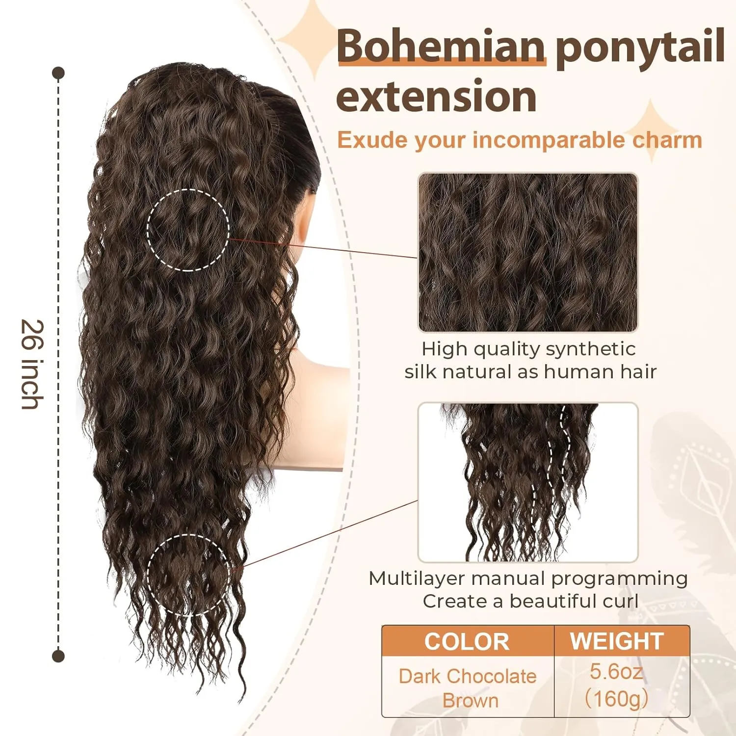 Flufymooz Ponytail Extension, 26 Inch Bohemian Style Drawstring Ponytail Hair Extensions for Women, Long Curly Wavy Pony Tail Natural Synthetic Hairpiece for Women (26 Inch Dark Chocolate Brown)