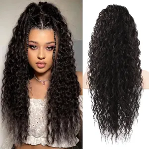 Flufymooz Ponytail Extension, 26 Inch Bohemian Style Drawstring Ponytail Hair Extensions for Women, Long Curly Wavy Ponytail Natural Synthetic Hairpiece for Women (26 Inch Black Brown)