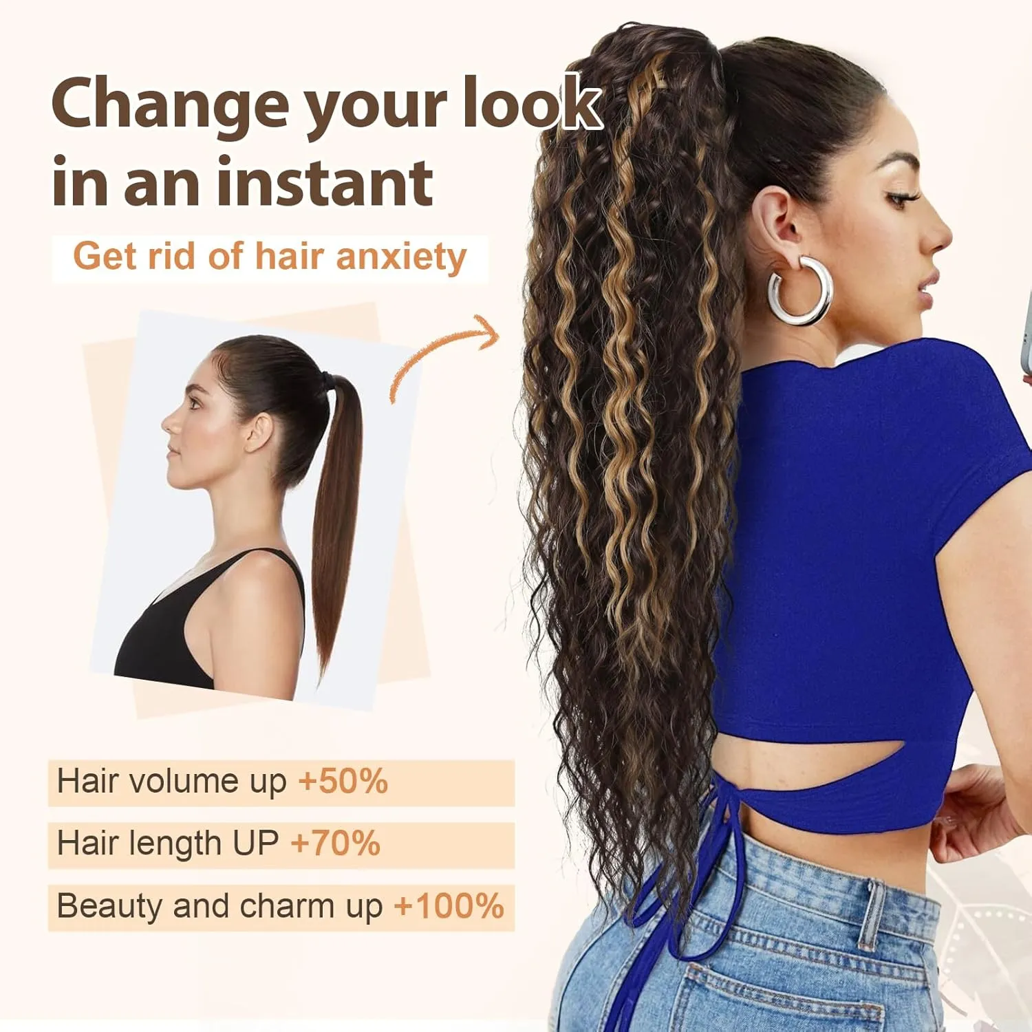 Flufymooz Ponytail Extension, 26 Inch Bohemian Style Drawstring Ponytail Hair Extensions for Women, Long Curly Wavy Ponytail Natural Synthetic Hairpiece for Women (26 Inch Black Brown)