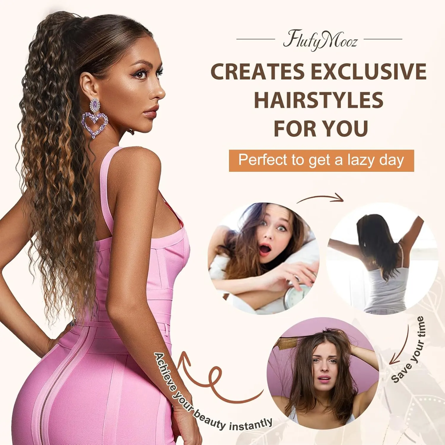 Flufymooz Ponytail Extension, 26 Inch Bohemian Style Drawstring Ponytail Hair Extensions for Women, Long Curly Wavy Ponytail Natural Synthetic Hairpiece for Women (26 Inch Black Brown)