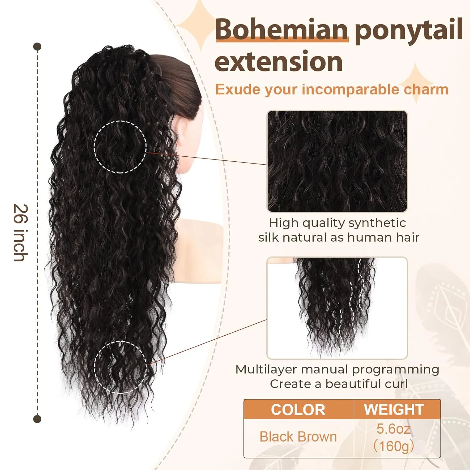 Flufymooz Ponytail Extension, 26 Inch Bohemian Style Drawstring Ponytail Hair Extensions for Women, Long Curly Wavy Ponytail Natural Synthetic Hairpiece for Women (26 Inch Black Brown)