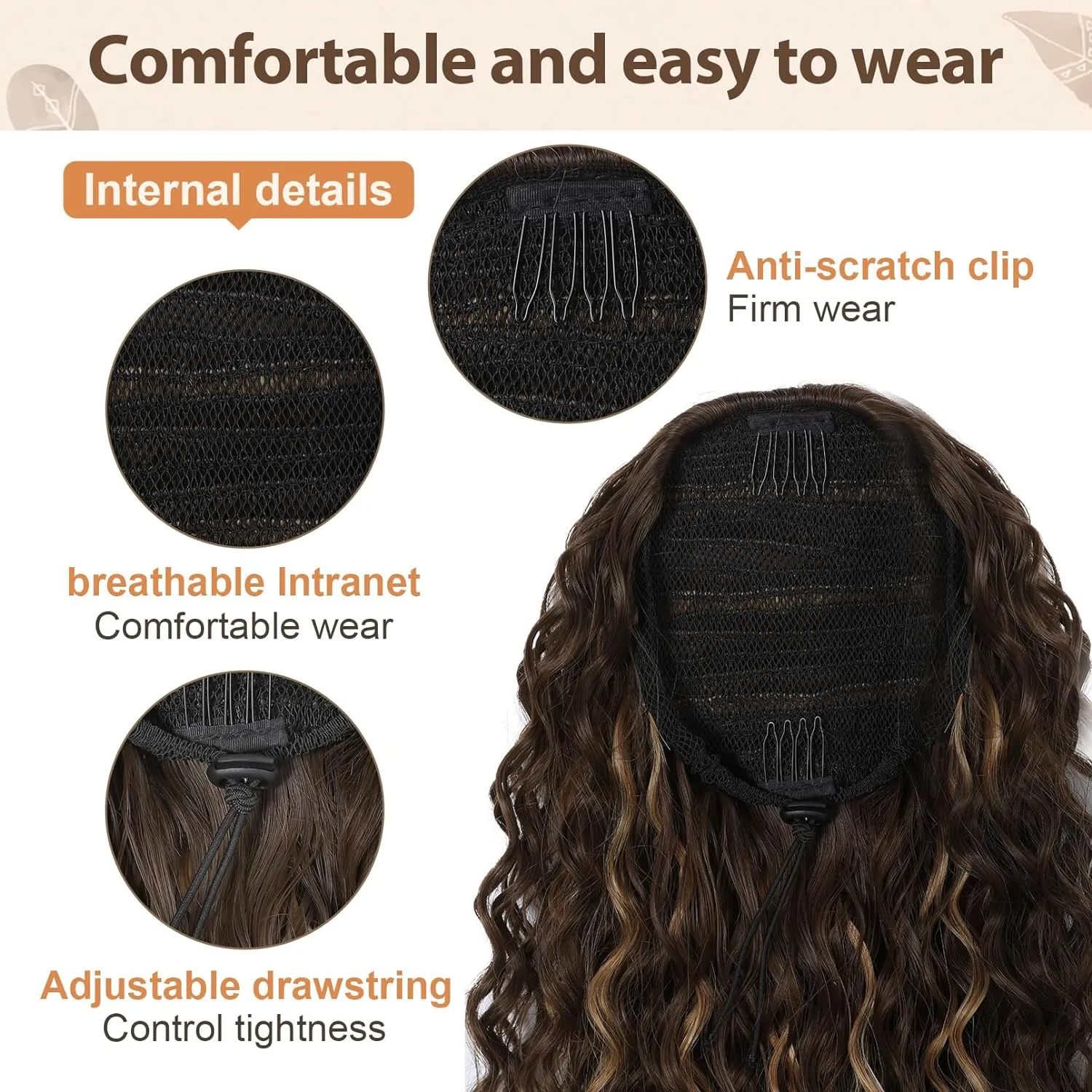 Flufymooz Ponytail Extension, 26 Inch Bohemian Style Drawstring Ponytail Hair Extensions for Women, Long Curly Wavy Ponytail Natural Synthetic Hairpiece for Women (26 Inch Black Brown)