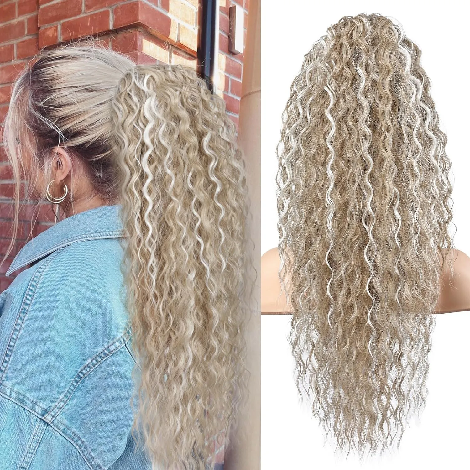 FLUFYMOOZ Ponytail Extension, 26 Inch Bohemian Style Drawstring Ponytail Hair Extensions for Women, Long Curly Wavy Ponytail Natural Synthetic Hairpiece for Women (26 Inch Light Blonde with White Blonde Highlight)