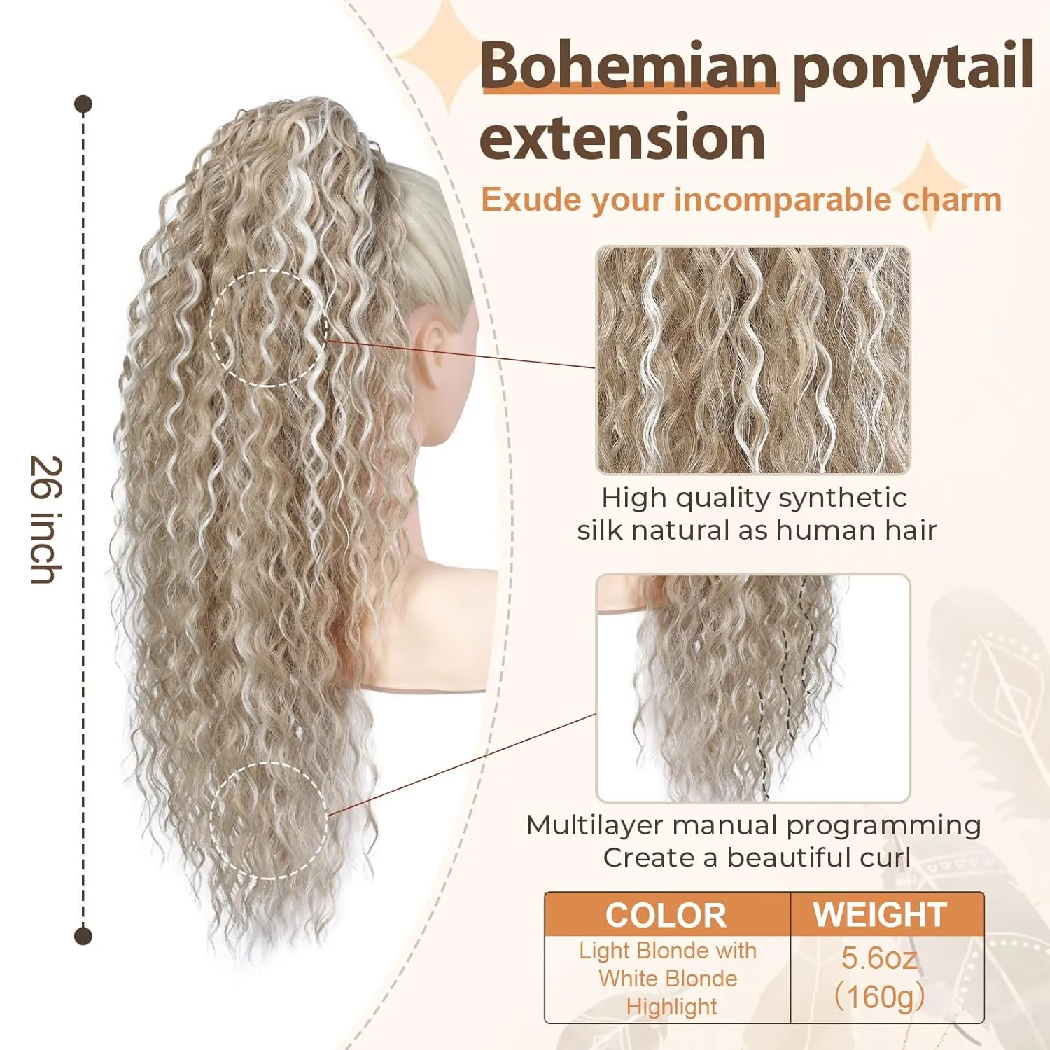 FLUFYMOOZ Ponytail Extension, 26 Inch Bohemian Style Drawstring Ponytail Hair Extensions for Women, Long Curly Wavy Ponytail Natural Synthetic Hairpiece for Women (26 Inch Light Blonde with White Blonde Highlight)
