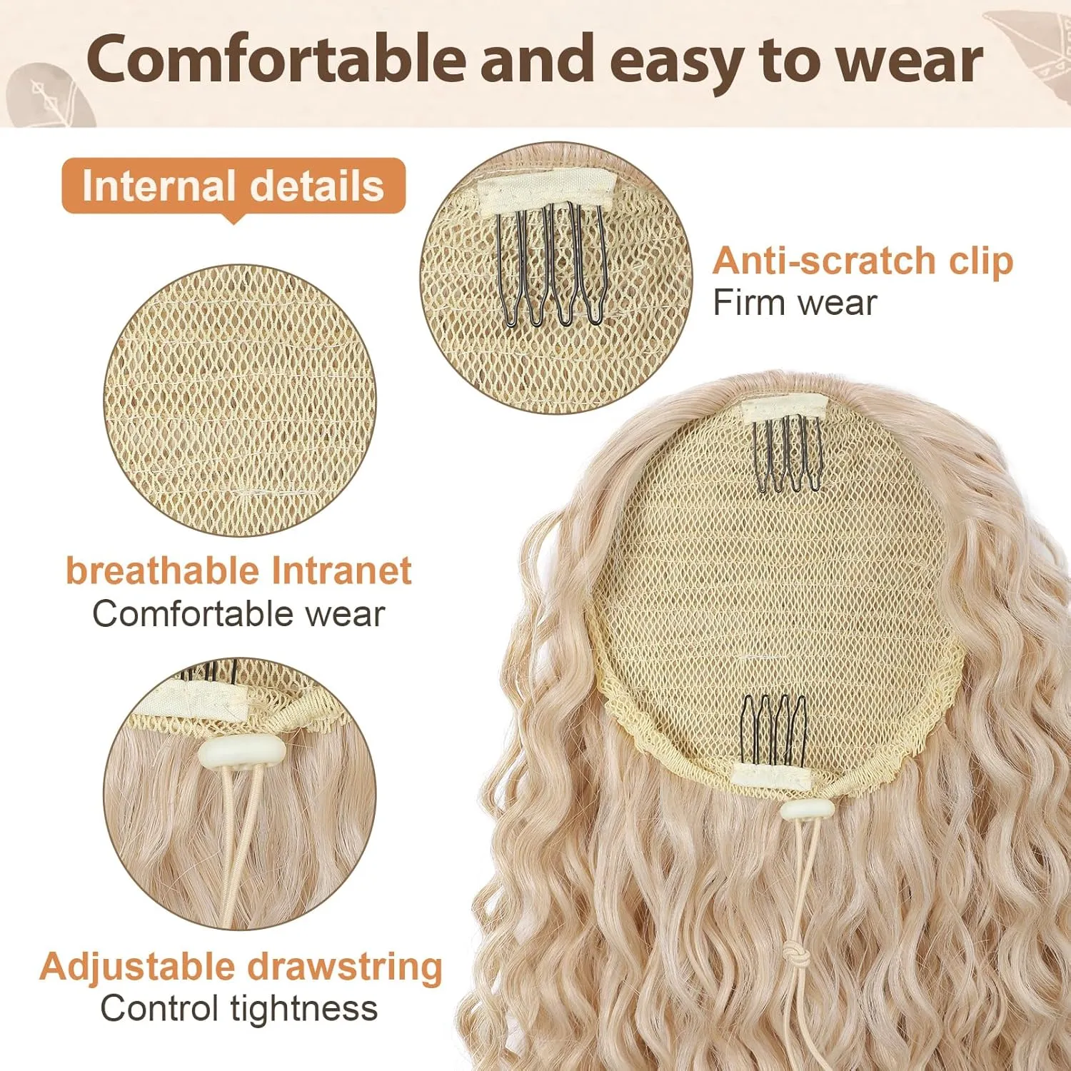 FLUFYMOOZ Ponytail Extension, 26 Inch Bohemian Style Drawstring Ponytail Hair Extensions for Women, Long Curly Wavy Ponytail Natural Synthetic Hairpiece for Women (26 Inch Light Blonde with White Blonde Highlight)