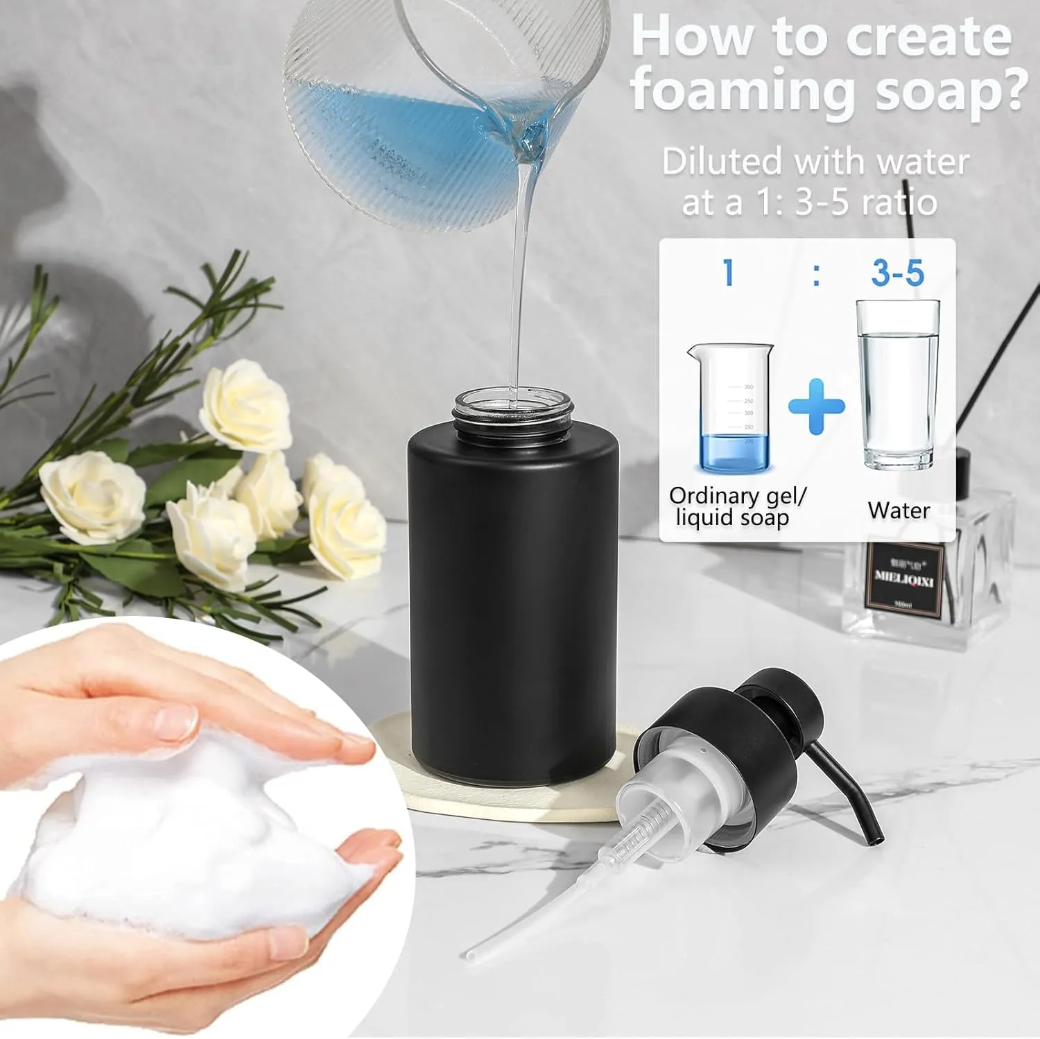 Foaming Soap Dispenser Set, 12 Oz Glass Hand Soap Dispenser with 304 Rust Proof Stainless Steel Pump, Waterproof Labels, for Bathroom Decor Kitchen College Dorm, Black 2 Pack